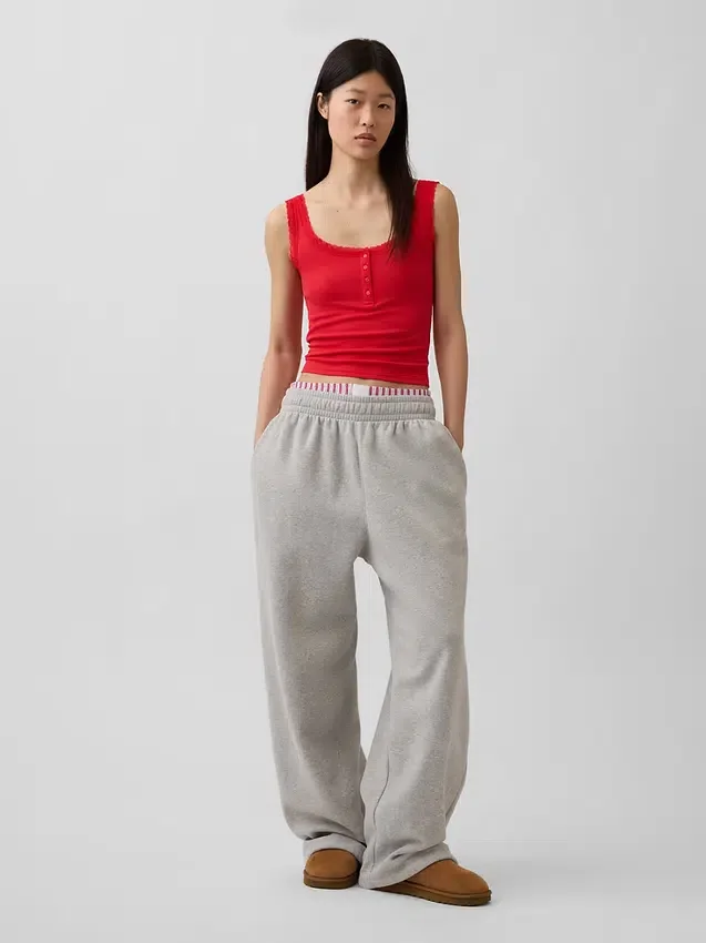 Débardeur de pyjama Henley en dentelle à mini-côtes