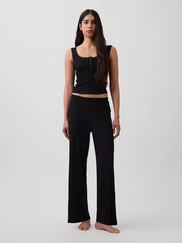 Débardeur de pyjama Henley en dentelle à mini-côtes