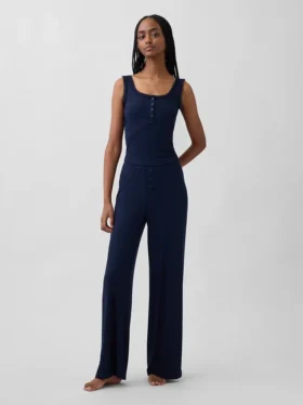 Débardeur de pyjama Henley en dentelle à mini-côtes