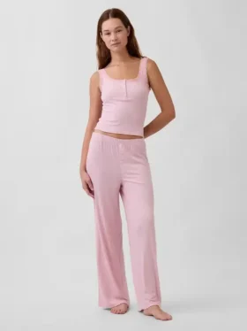 Débardeur de pyjama Henley en dentelle à mini-côtes