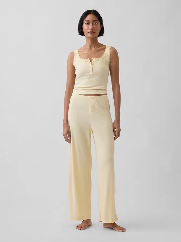 Débardeur de pyjama Henley en dentelle à mini-côtes