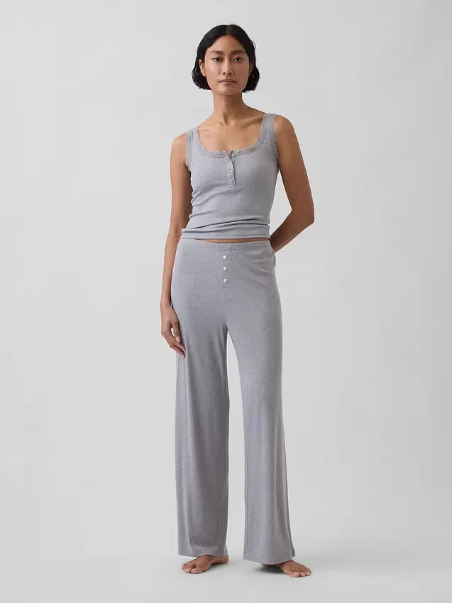 Débardeur de pyjama Henley en dentelle à mini-côtes