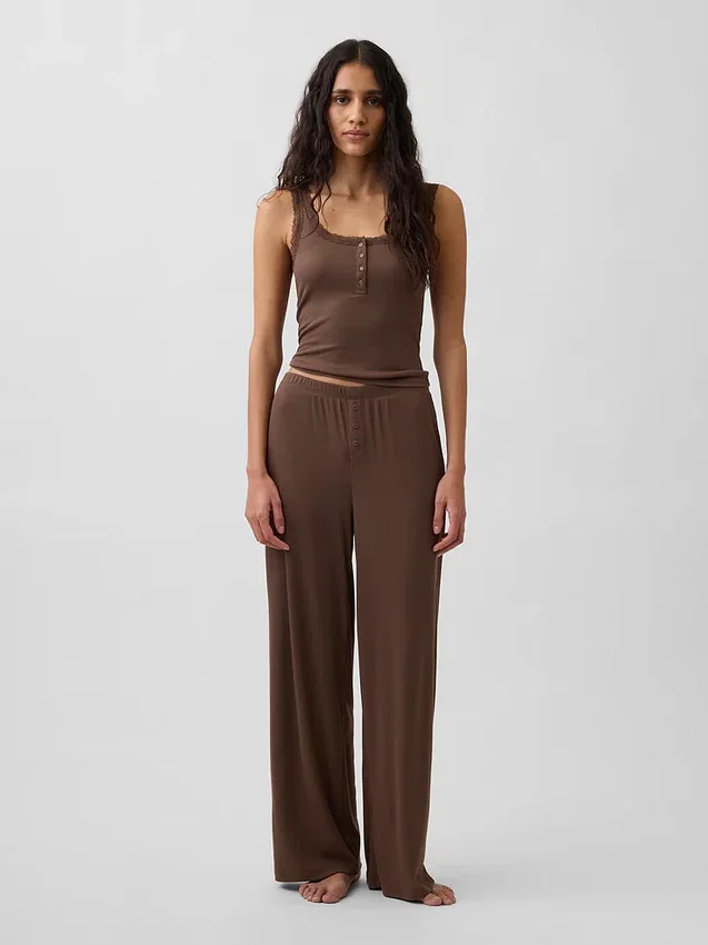 Débardeur de pyjama Henley en dentelle à mini-côtes