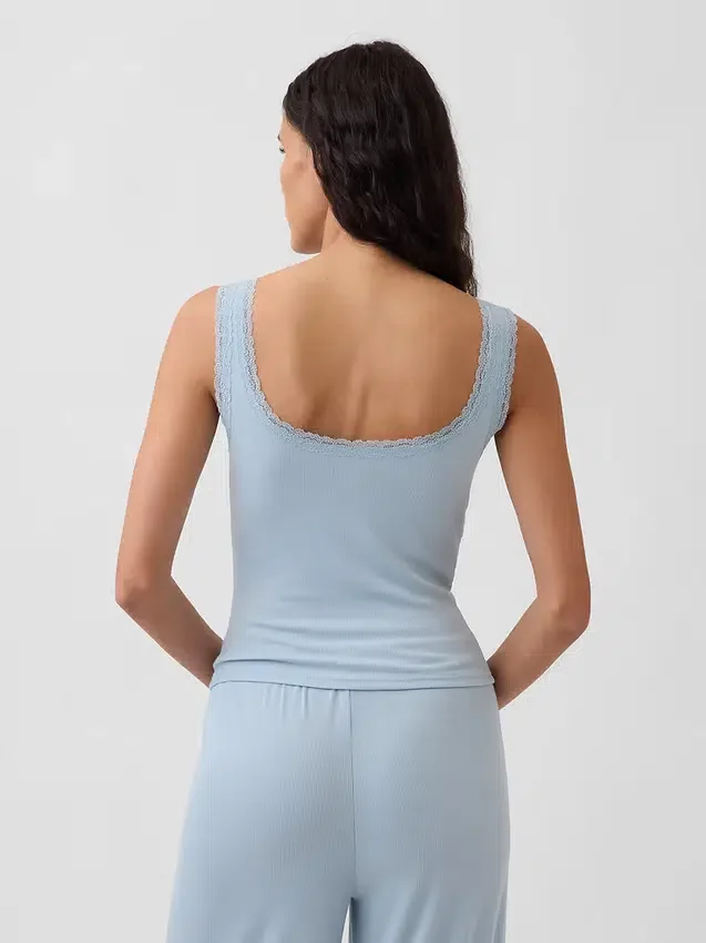 Débardeur de pyjama Henley en dentelle à mini-côtes