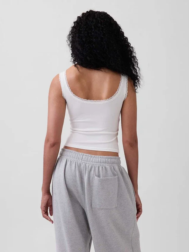 Débardeur de pyjama Henley en dentelle à mini-côtes