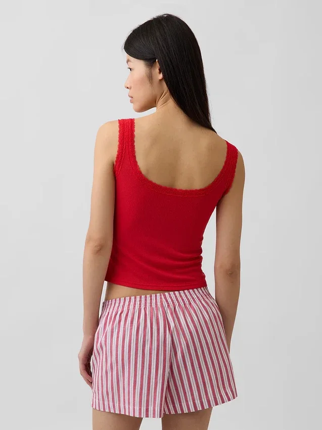 Débardeur de pyjama Henley en dentelle à mini-côtes