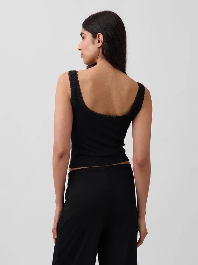 Débardeur de pyjama Henley en dentelle à mini-côtes