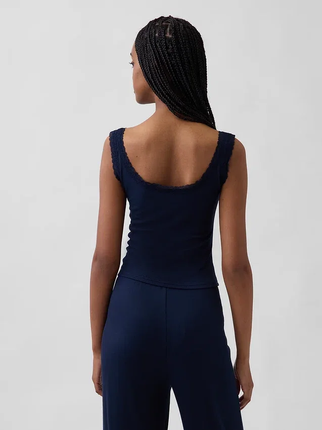 Débardeur de pyjama Henley en dentelle à mini-côtes