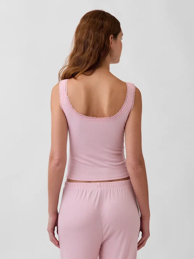 Débardeur de pyjama Henley en dentelle à mini-côtes