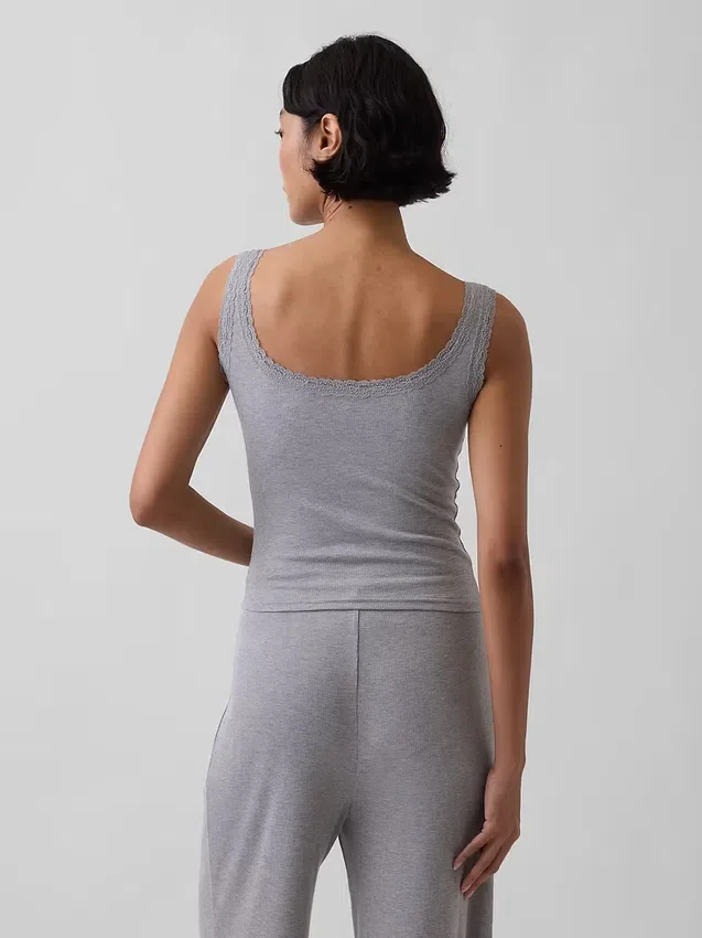 Débardeur de pyjama Henley en dentelle à mini-côtes