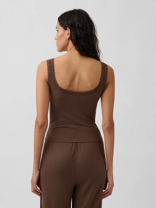 Débardeur de pyjama Henley en dentelle à mini-côtes