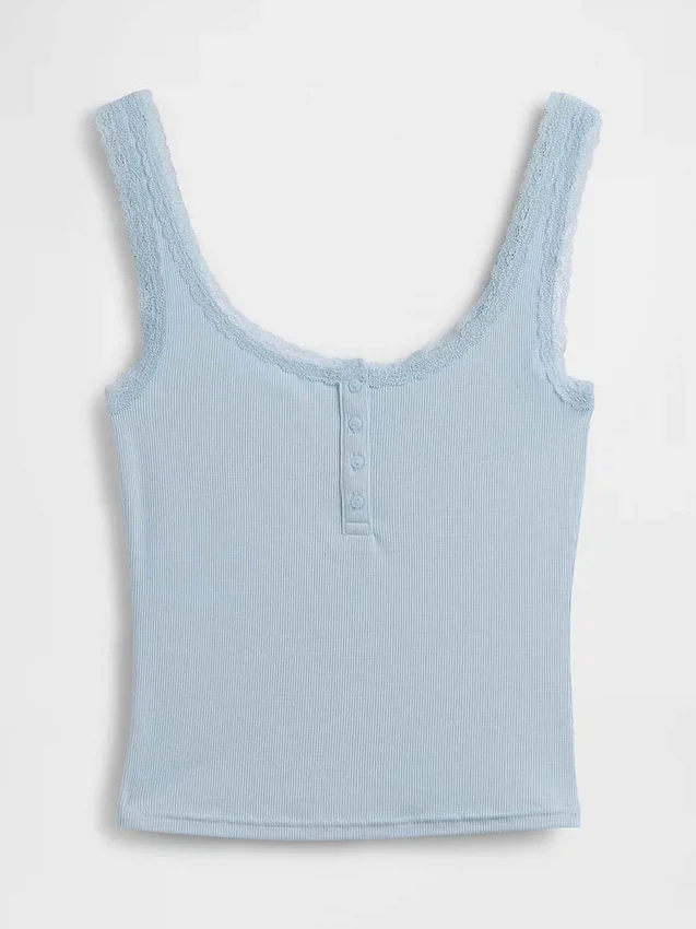 Débardeur de pyjama Henley en dentelle à mini-côtes