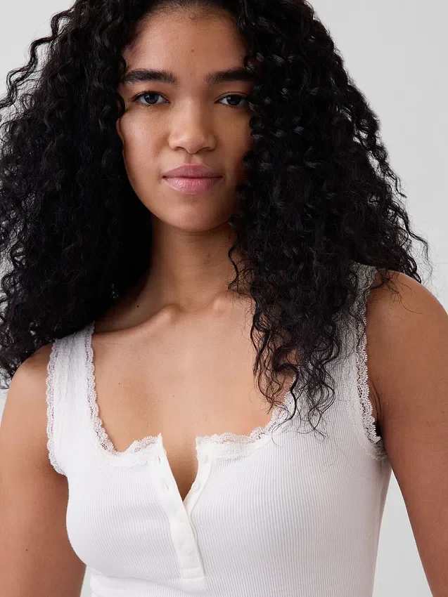 Débardeur de pyjama Henley en dentelle à mini-côtes