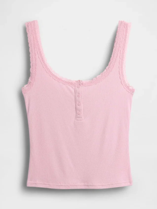 Débardeur de pyjama Henley en dentelle à mini-côtes