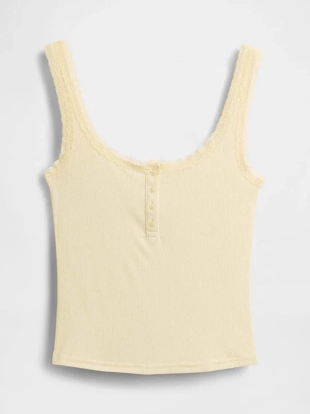 Débardeur de pyjama Henley en dentelle à mini-côtes