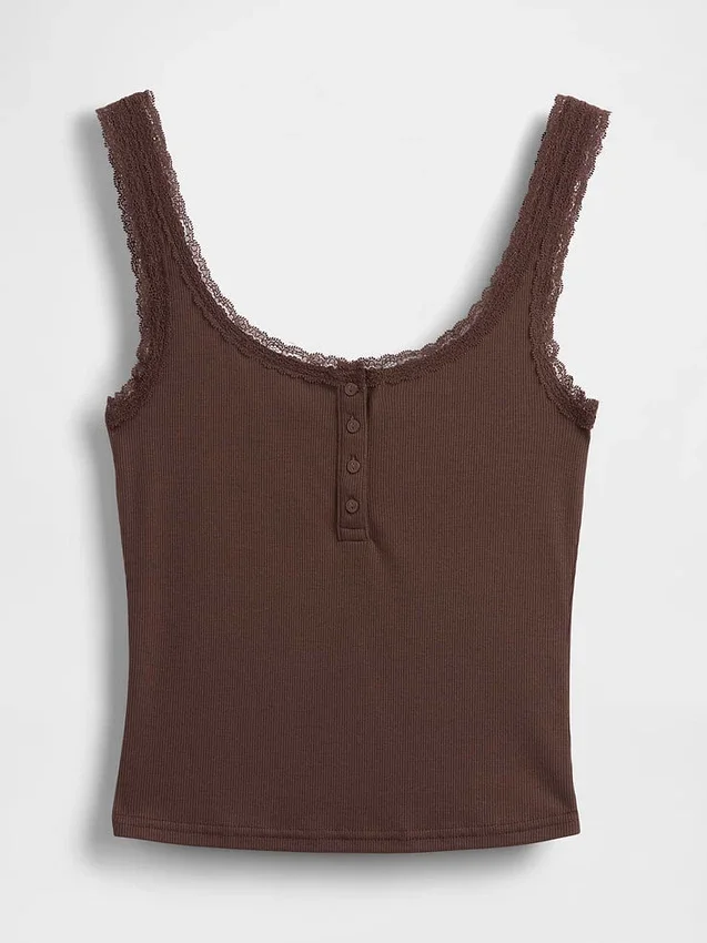 Débardeur de pyjama Henley en dentelle à mini-côtes