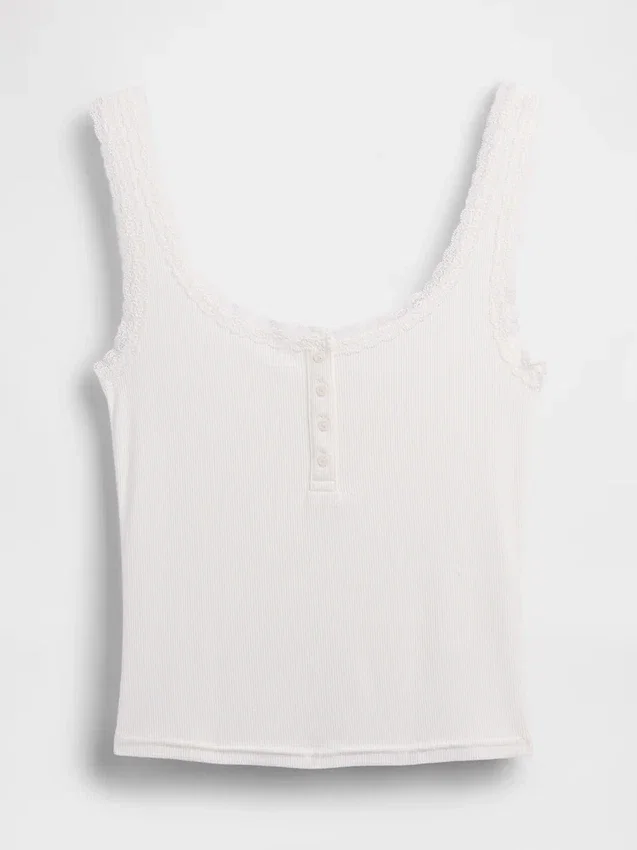 Débardeur de pyjama Henley en dentelle à mini-côtes