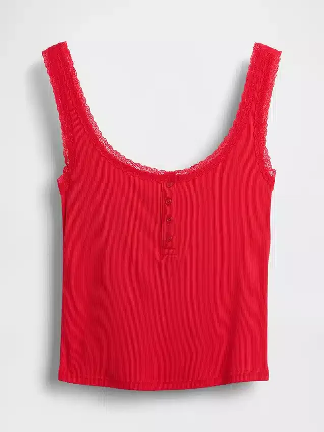 Débardeur de pyjama Henley en dentelle à mini-côtes