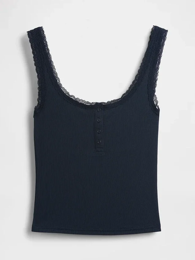 Débardeur de pyjama Henley en dentelle à mini-côtes