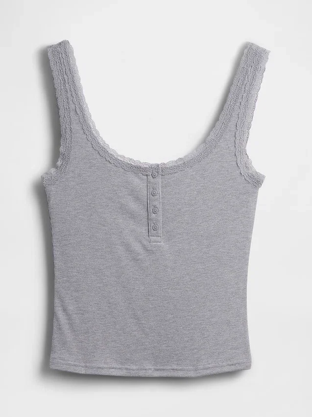Débardeur de pyjama Henley en dentelle à mini-côtes