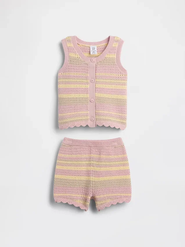 Ensemble bébé : gilet et short en maille rayée au crochet