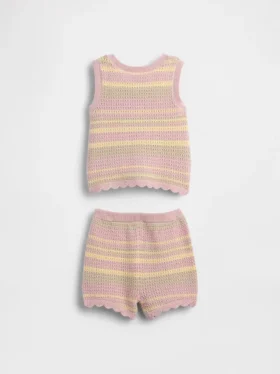 Ensemble bébé : gilet et short en maille rayée au crochet