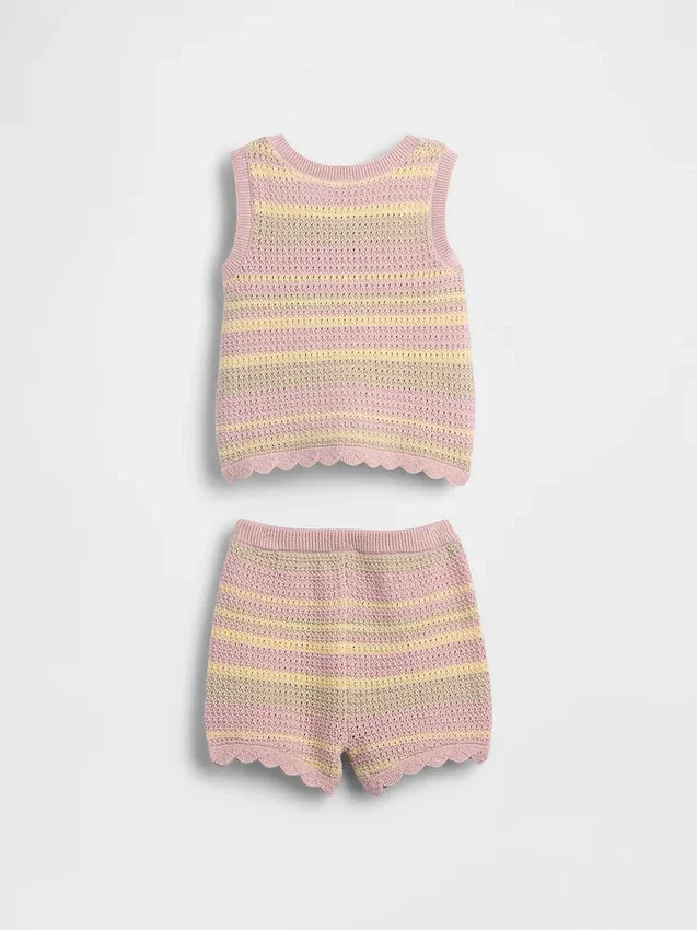Ensemble bébé : gilet et short en maille rayée au crochet