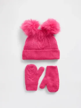 Ensemble bonnet et mitaines à pompon en tricot torsadé pour Bébé & Enfant