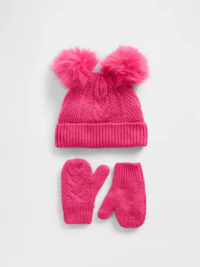 Ensemble bonnet et mitaines à pompon en tricot torsadé pour Bébé & Enfant