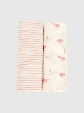Ensemble d'emmaillotage en bambou « Petit lapin et vagues roses »