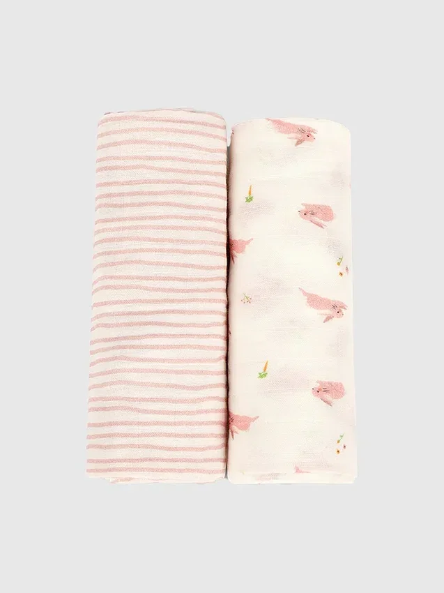Ensemble d'emmaillotage en bambou « Petit lapin et vagues roses »