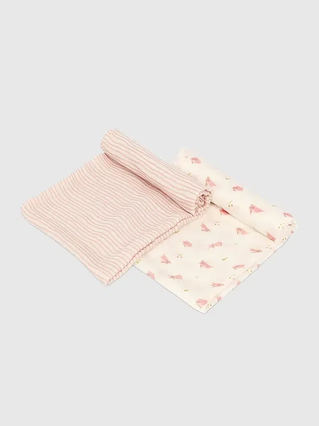 Ensemble d'emmaillotage en bambou « Petit lapin et vagues roses »