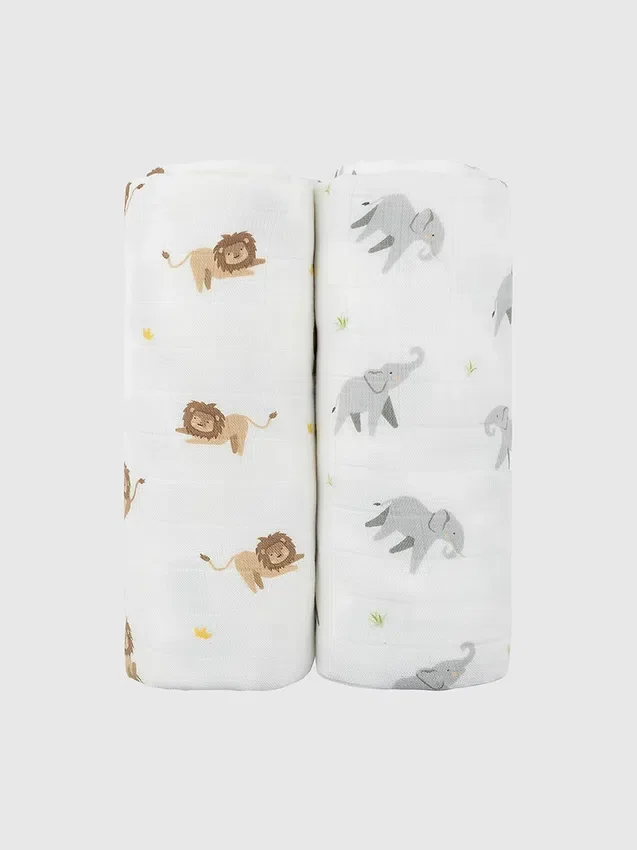 Ensemble d’emmaillotages en bambou « Petit lion et éléphant »