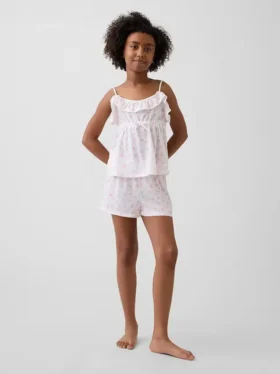Ensemble pyjama pour enfant en tissu recyclé avec caraco à volants et shorts