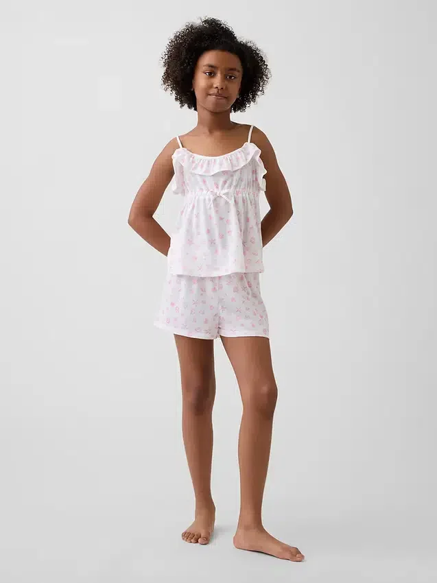 Ensemble pyjama pour enfant en tissu recyclé avec caraco à volants et shorts
