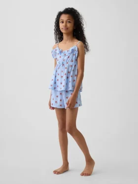Ensemble pyjama pour enfant en tissu recyclé avec caraco à volants et shorts