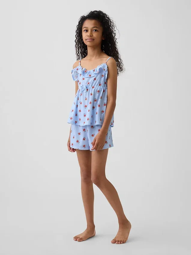 Ensemble pyjama pour enfant en tissu recyclé avec caraco à volants et shorts