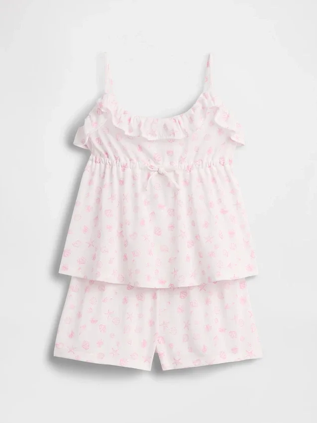 Ensemble pyjama pour enfant en tissu recyclé avec caraco à volants et shorts