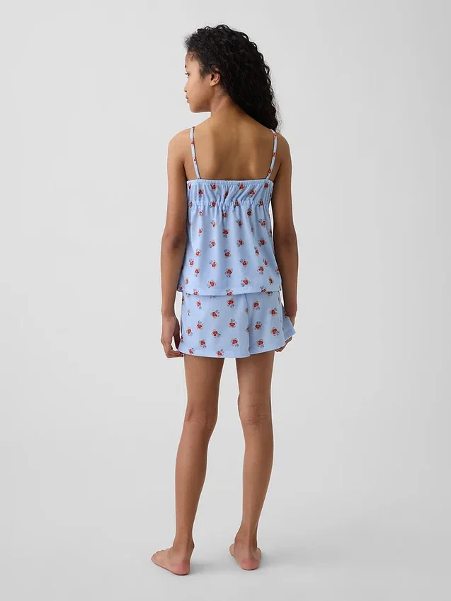 Ensemble pyjama pour enfant en tissu recyclé avec caraco à volants et shorts