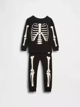 Ensemble pyjama pour enfants et bébés en coton biologique brossé, motif squelette phosphorescent