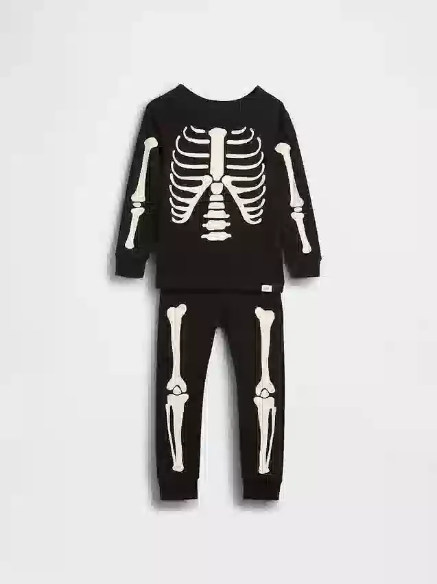 Ensemble pyjama pour enfants et bébés en coton biologique brossé, motif squelette phosphorescent