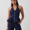 Haut ajusté en denim à col licou et bas à volants
