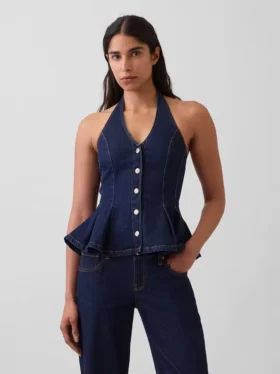 Haut ajusté en denim à col licou et bas à volants