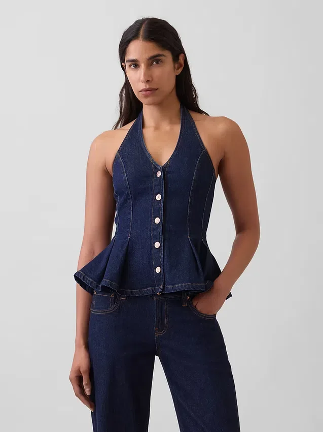 Haut ajusté en denim à col licou et bas à volants