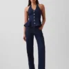 Haut ajusté en denim à col licou et bas à volants