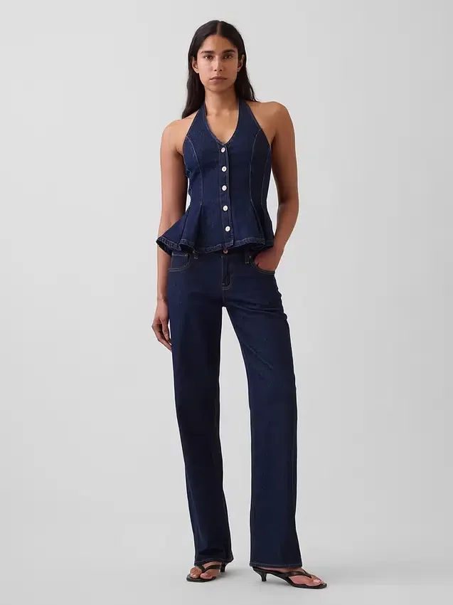 Haut ajusté en denim à col licou et bas à volants