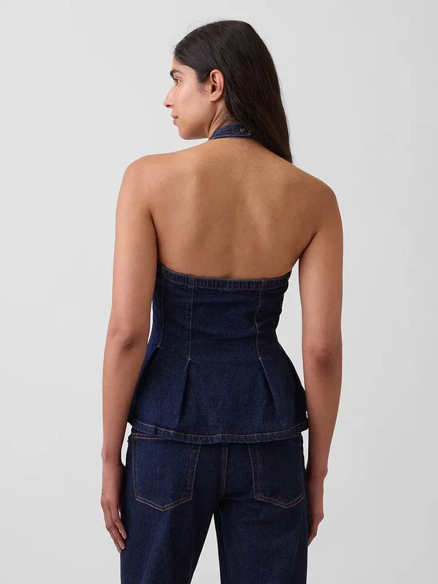 Haut ajusté en denim à col licou et bas à volants