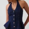 Haut ajusté en denim à col licou et bas à volants