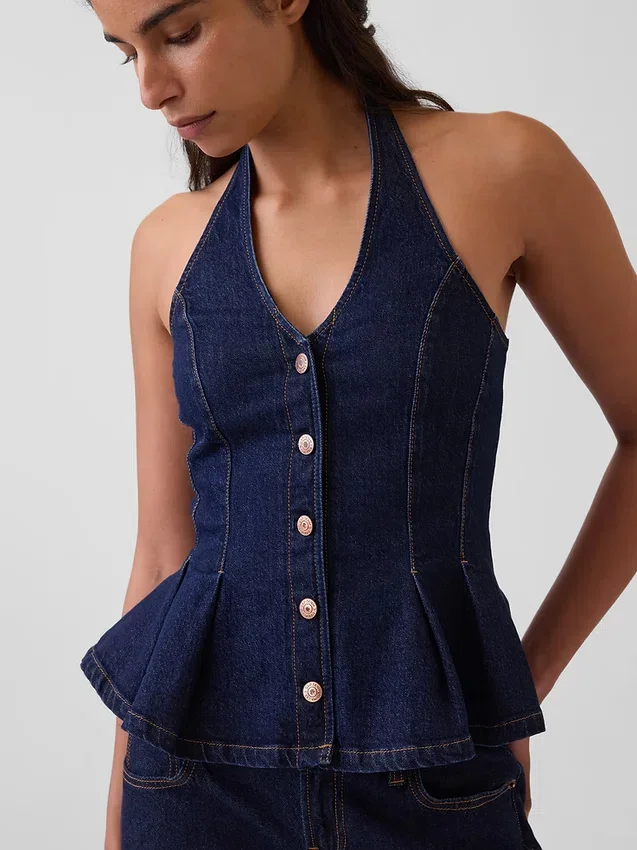 Haut ajusté en denim à col licou et bas à volants