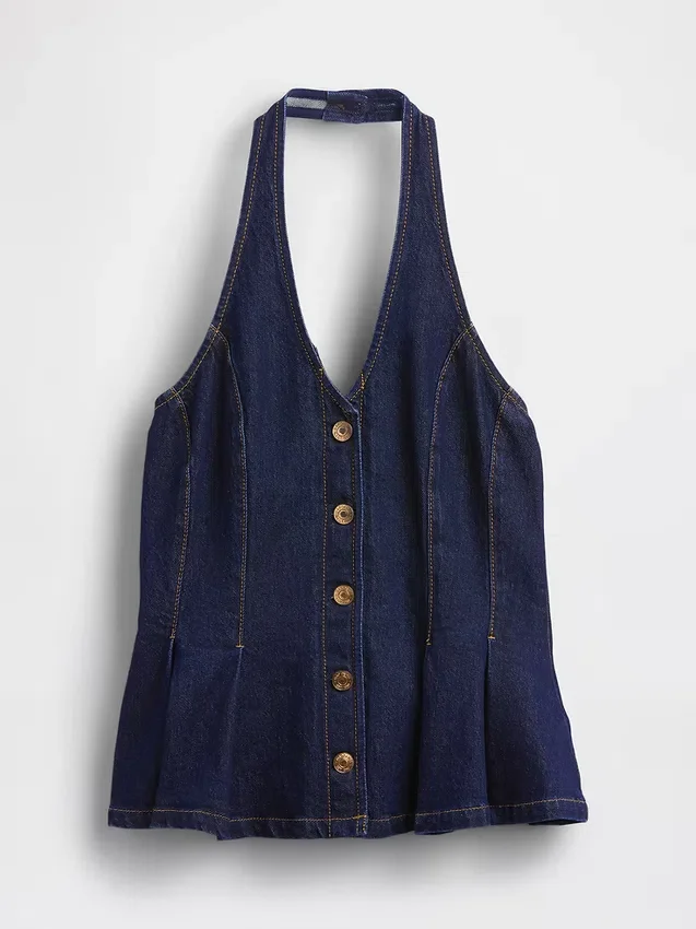 Haut ajusté en denim à col licou et bas à volants
